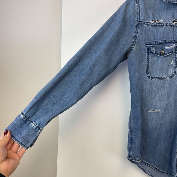 Joe’s Jeans Collection XS Distressed Cotton Chambray Button Shirt Blue - Picture 5 of 11